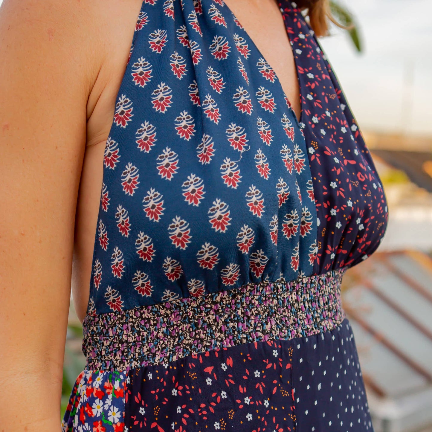 Halter Neck Babydoll Dress Patchwork - Final Sale