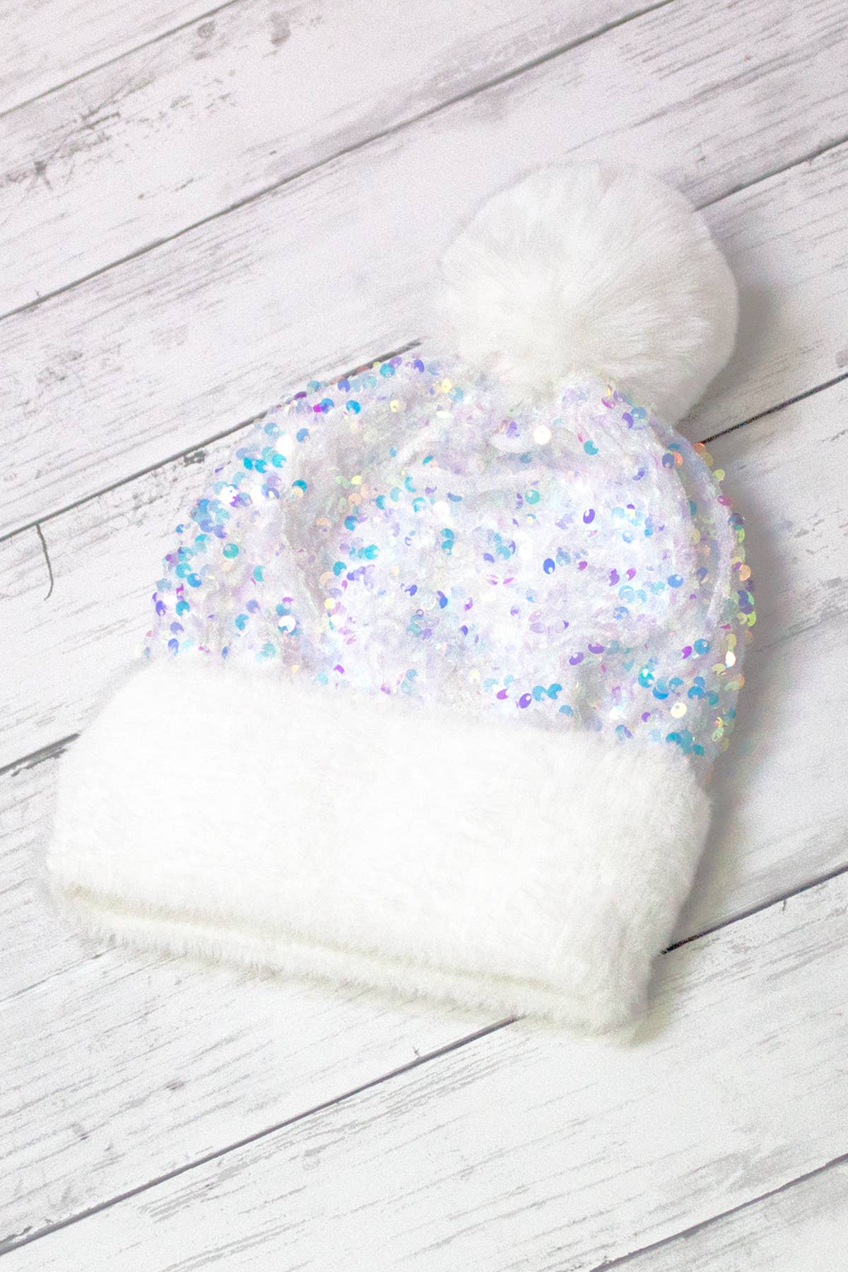 Sequin Fur Pom Fashion Beanie - White