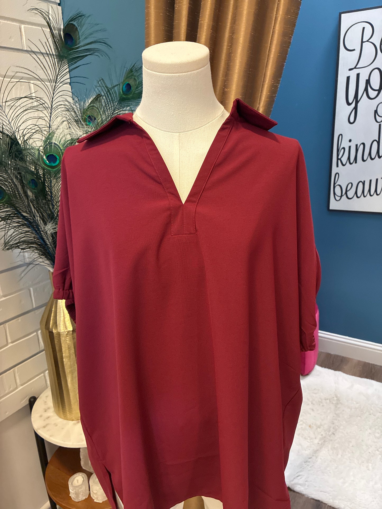 Burgundy Short Sleeve Split Collar Top - Curvy