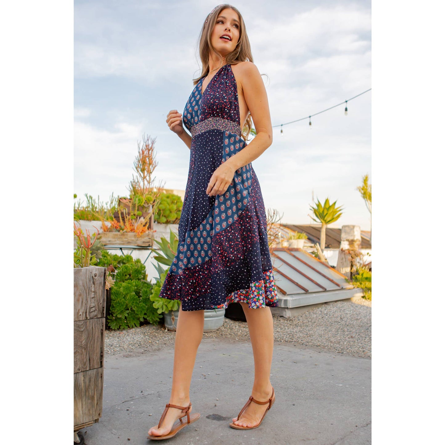 Halter Neck Babydoll Dress Patchwork - Final Sale