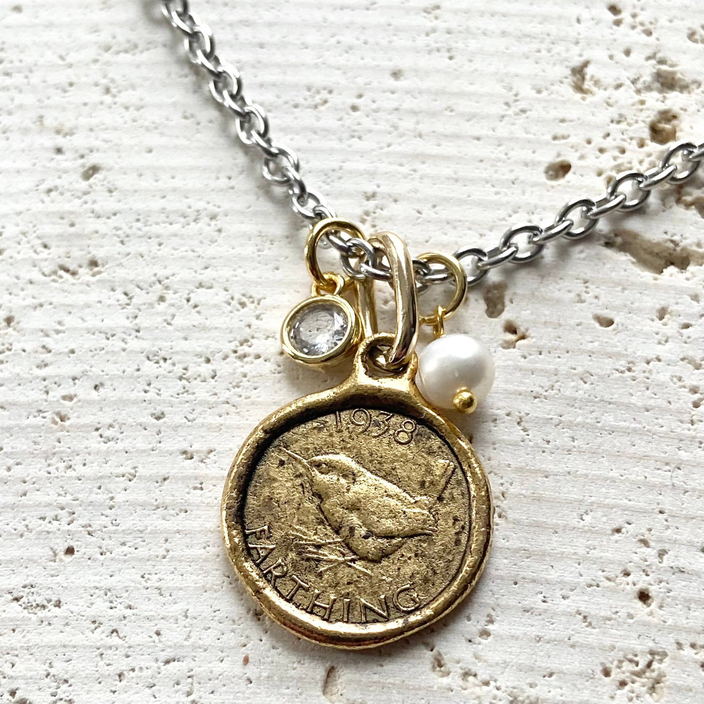 Farthing coin necklace England English royal jewelry bird