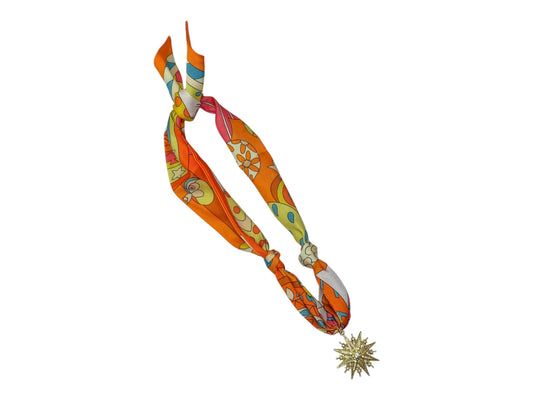 Scarf Charm Necklace - Orange Retro w/Rhinestone Star Burst
