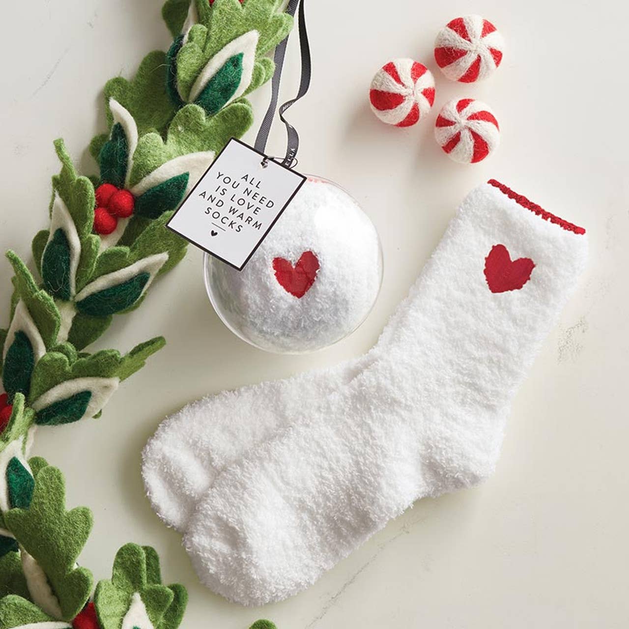Cozy Socks in Ornament - White with Red Heart