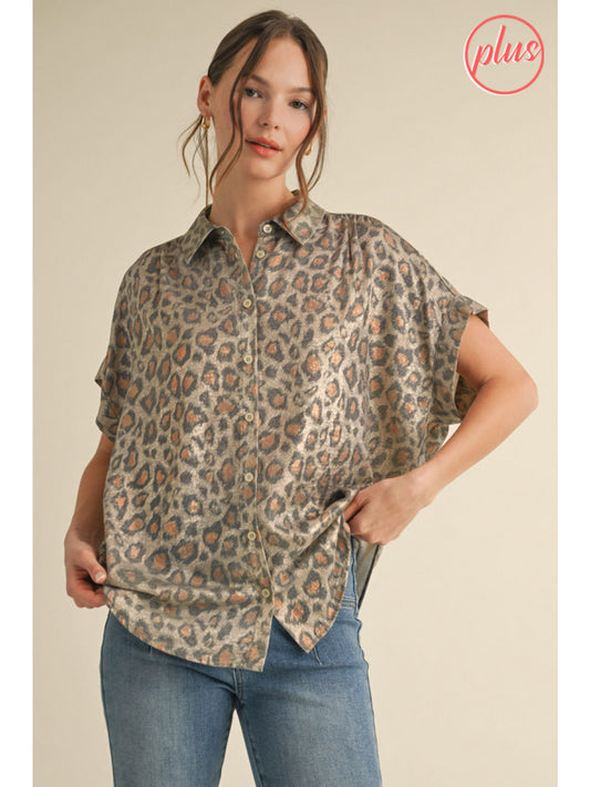 Leopard Print Button Up top - Curvy
