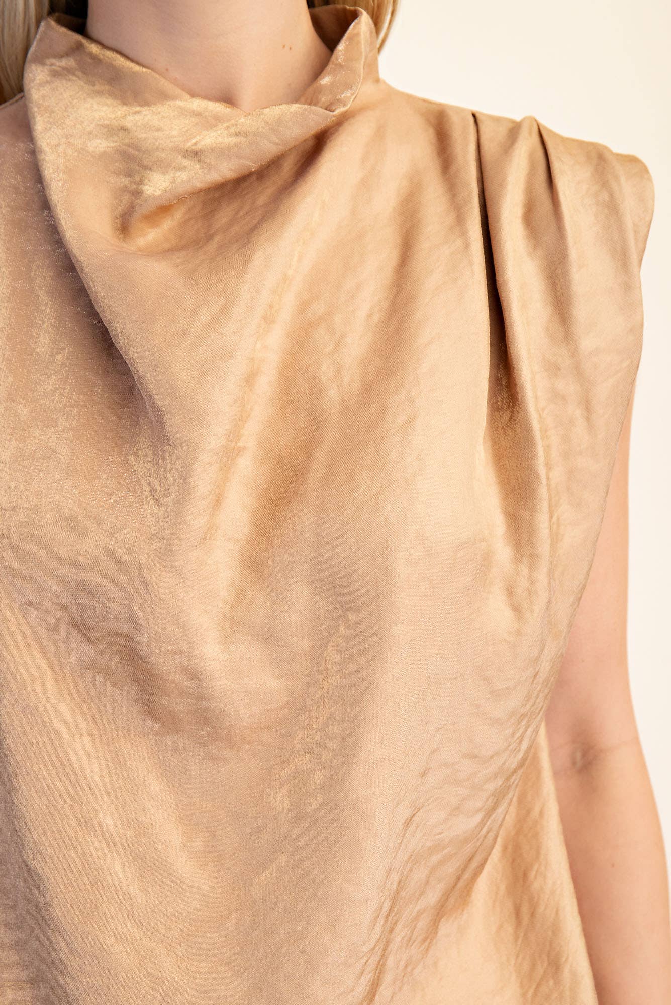 tan Cowl Neck Pleats Sleeveless Top