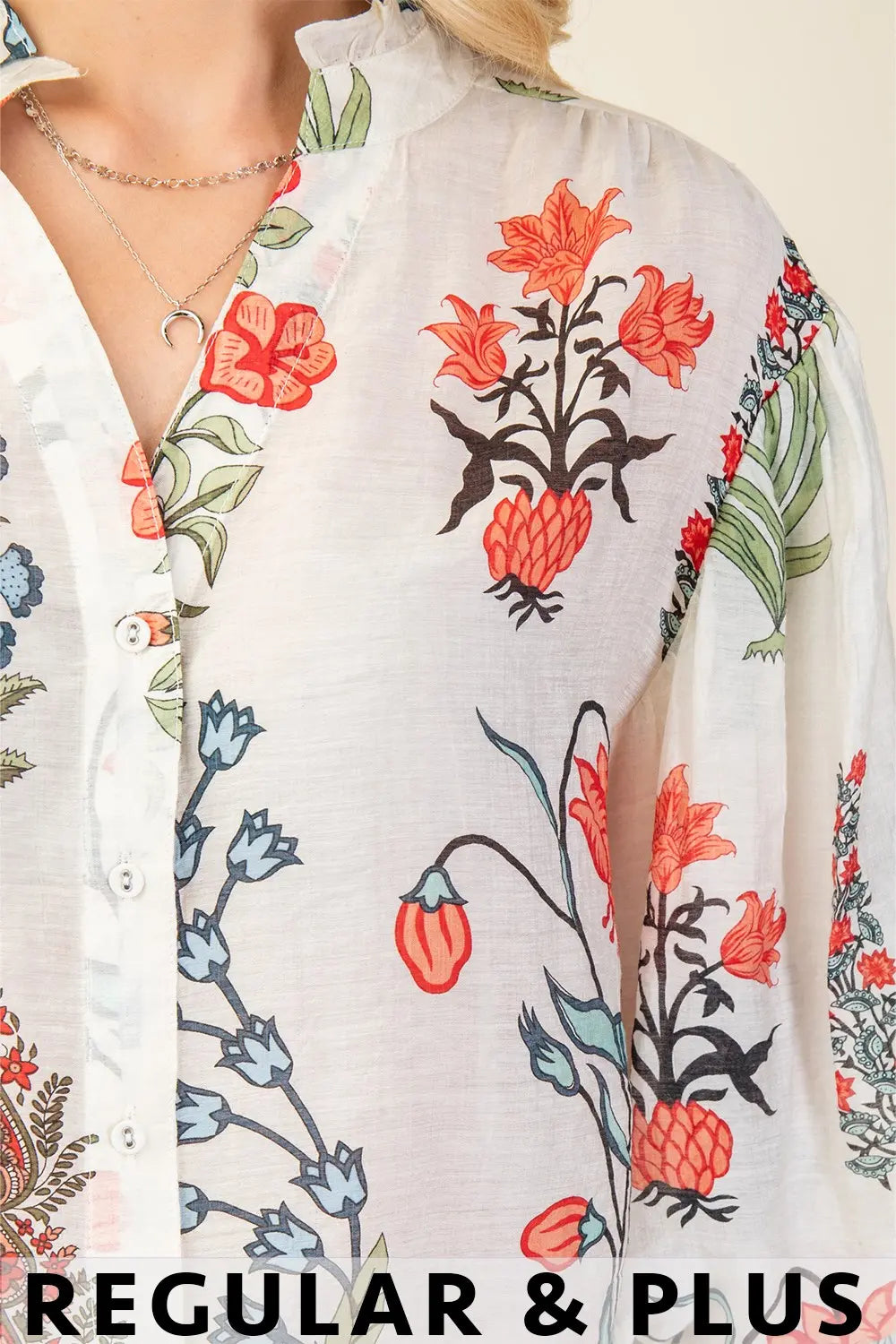 White Botanical Print Ballon Sleeve Top