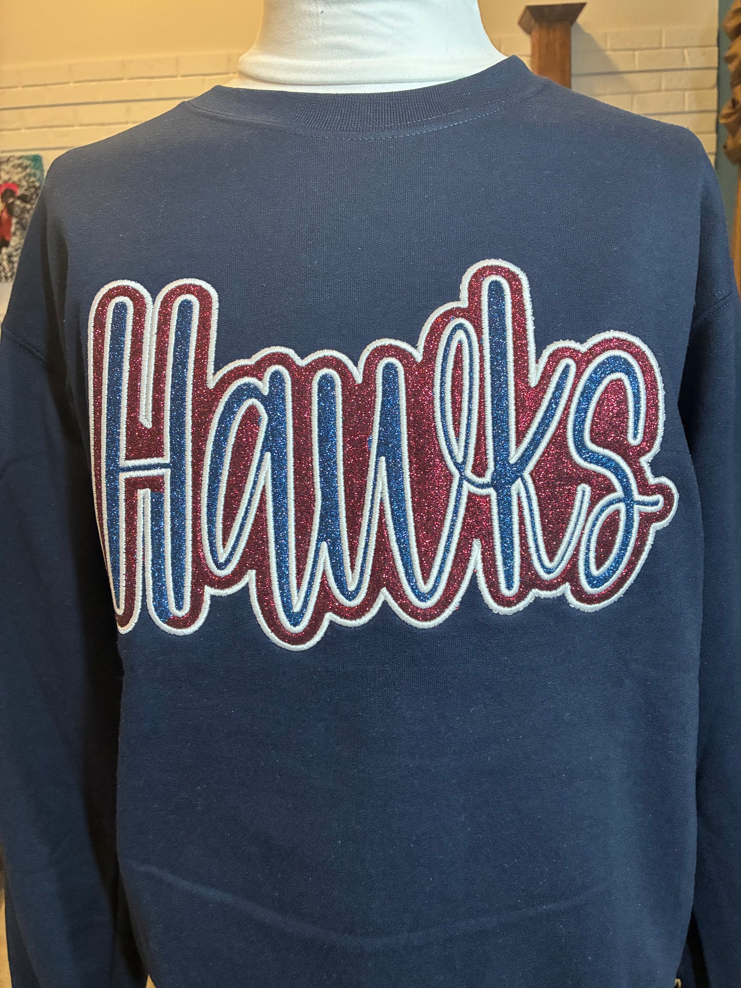 Navy Hawks Embroidery Glitter Crewneck