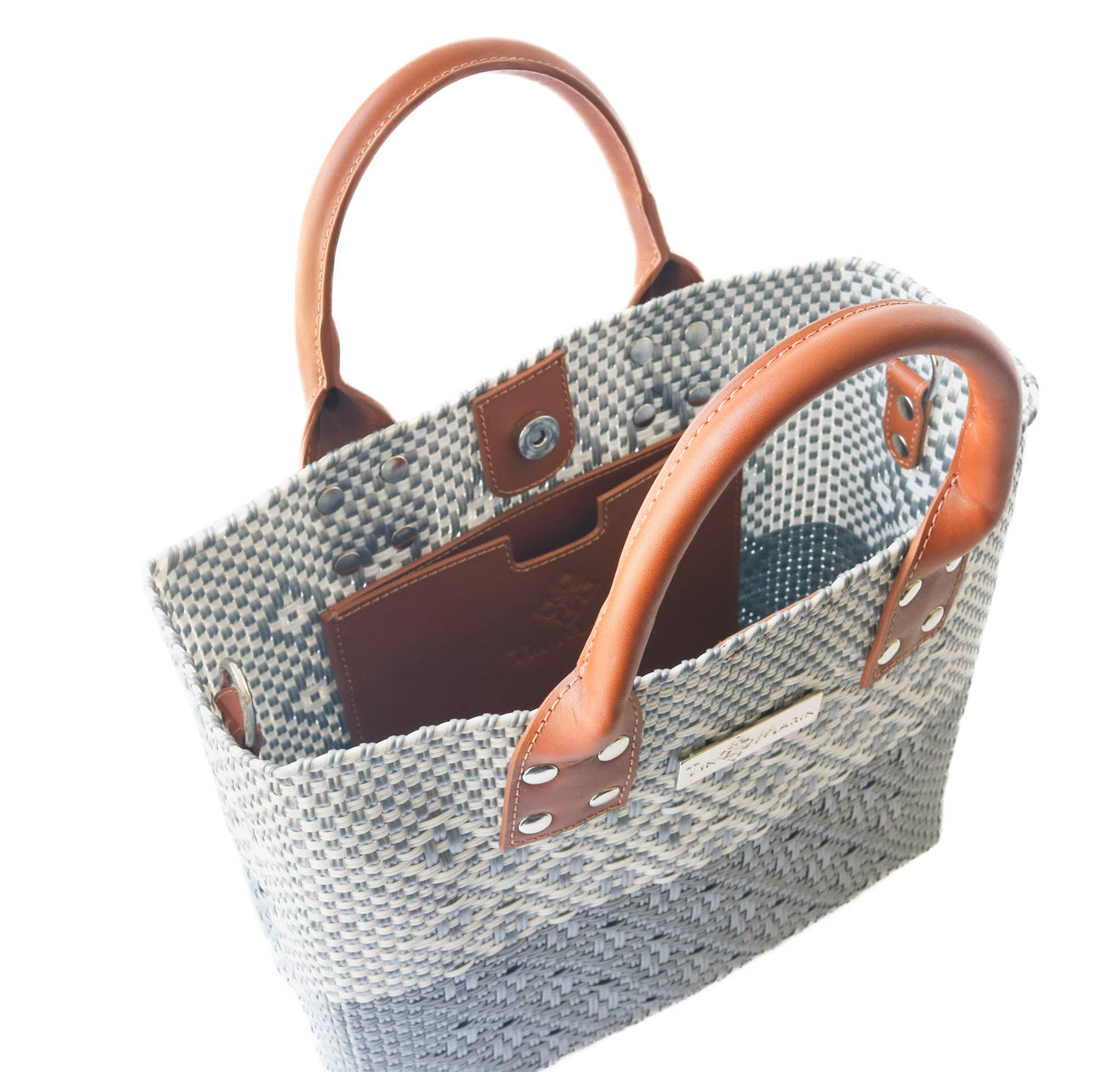 Gray Large Woven Crossbody Bag - Tan Leather