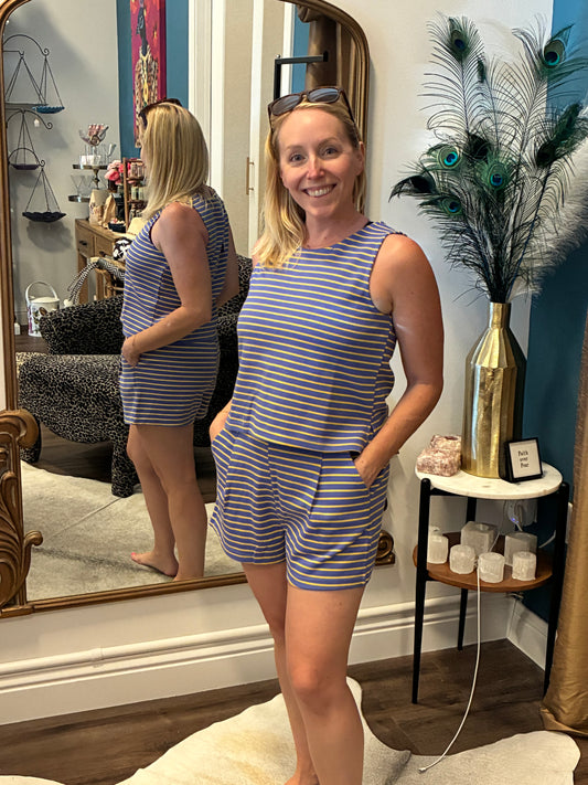 Purple and Gold Stripe Knit Sleeveless Top & Short Set