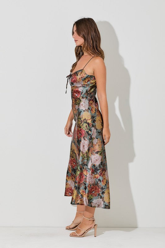 Satin Floral Midi Slip Dress with Flared Bottom Opening