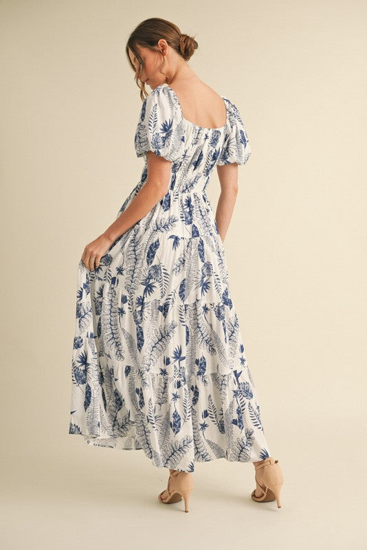 Leaf Print Tiered Maxi Dress