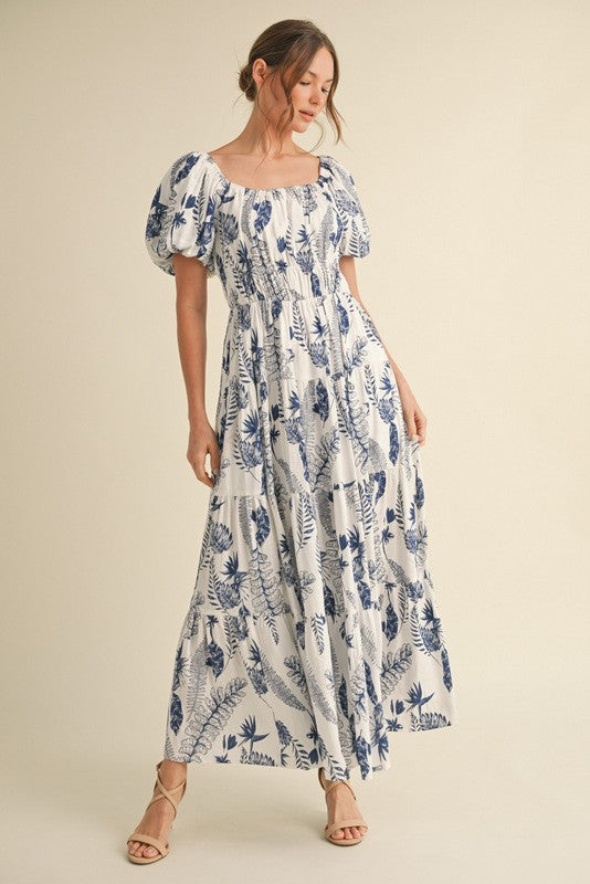 Leaf Print Tiered Maxi Dress