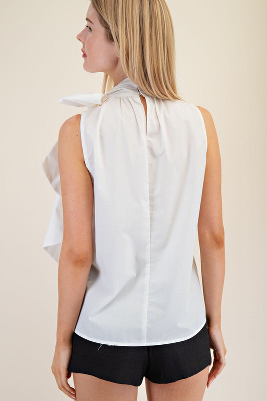 White Sleeveless Halter Neck Top w Bow