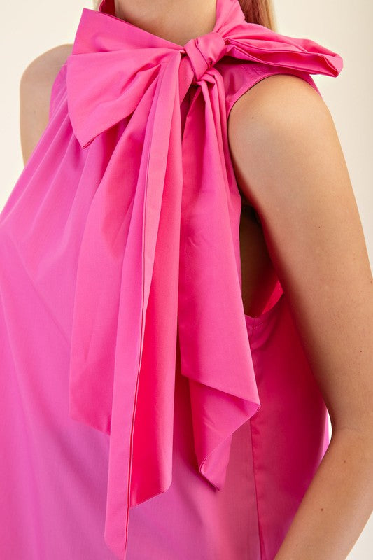 Pink Sleeveless Halter Neck Top w Bow