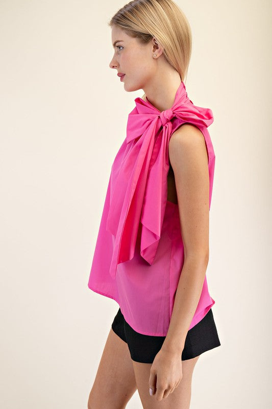 Pink Sleeveless Halter Neck Top w Bow