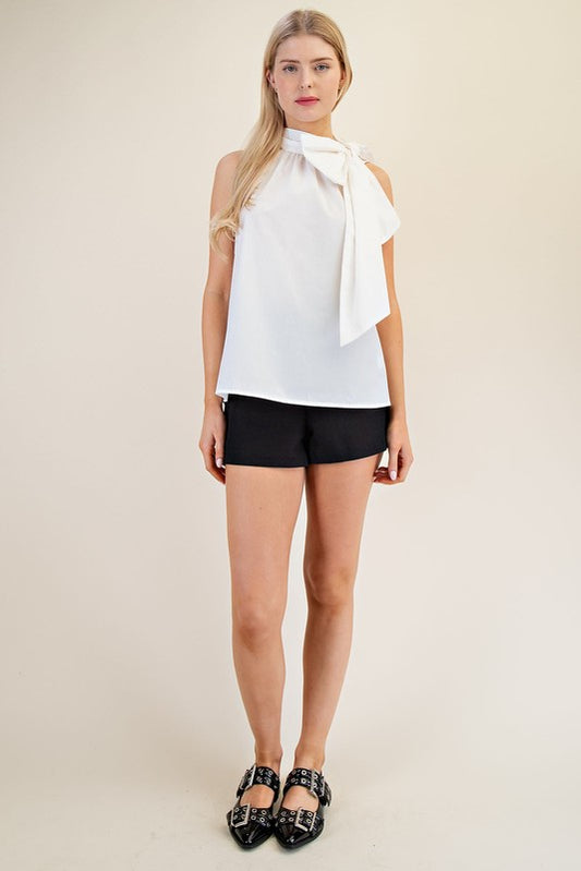 White Sleeveless Halter Neck Top w Bow