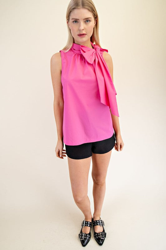 Pink Sleeveless Halter Neck Top w Bow