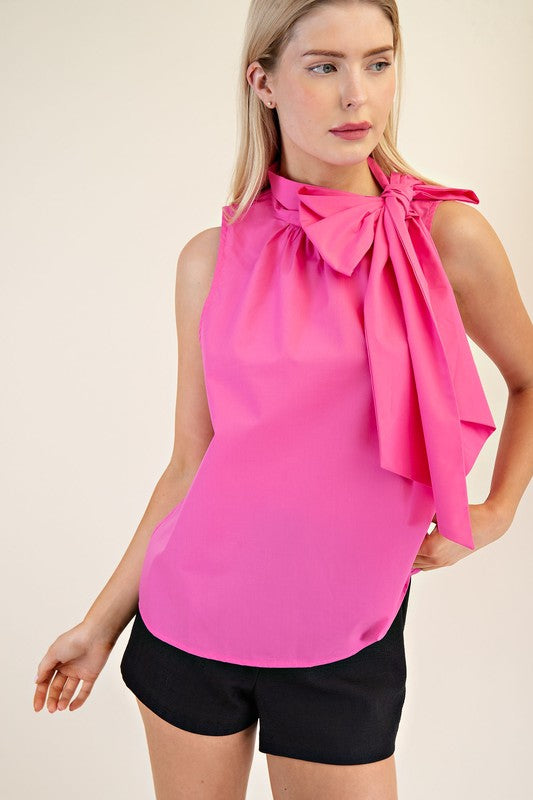 Pink Sleeveless Halter Neck Top w Bow
