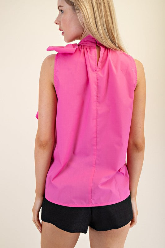 Pink Sleeveless Halter Neck Top w Bow