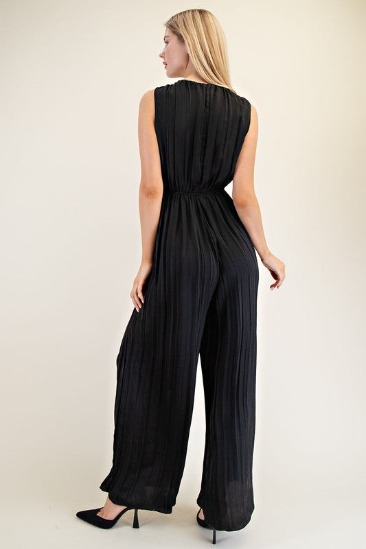 Black Satin Pleated Buckle Jumpsuit
