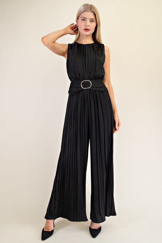 Black Satin Pleated Buckle Jumpsuit