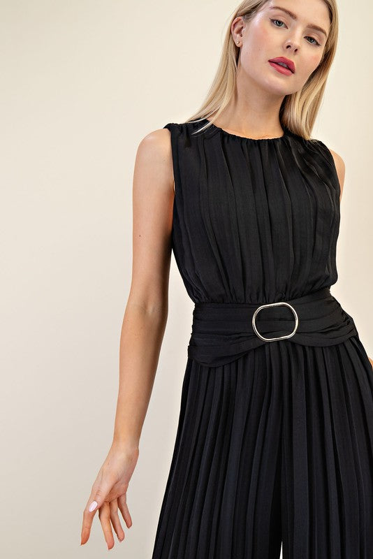 Black Satin Pleated Buckle Jumpsuit
