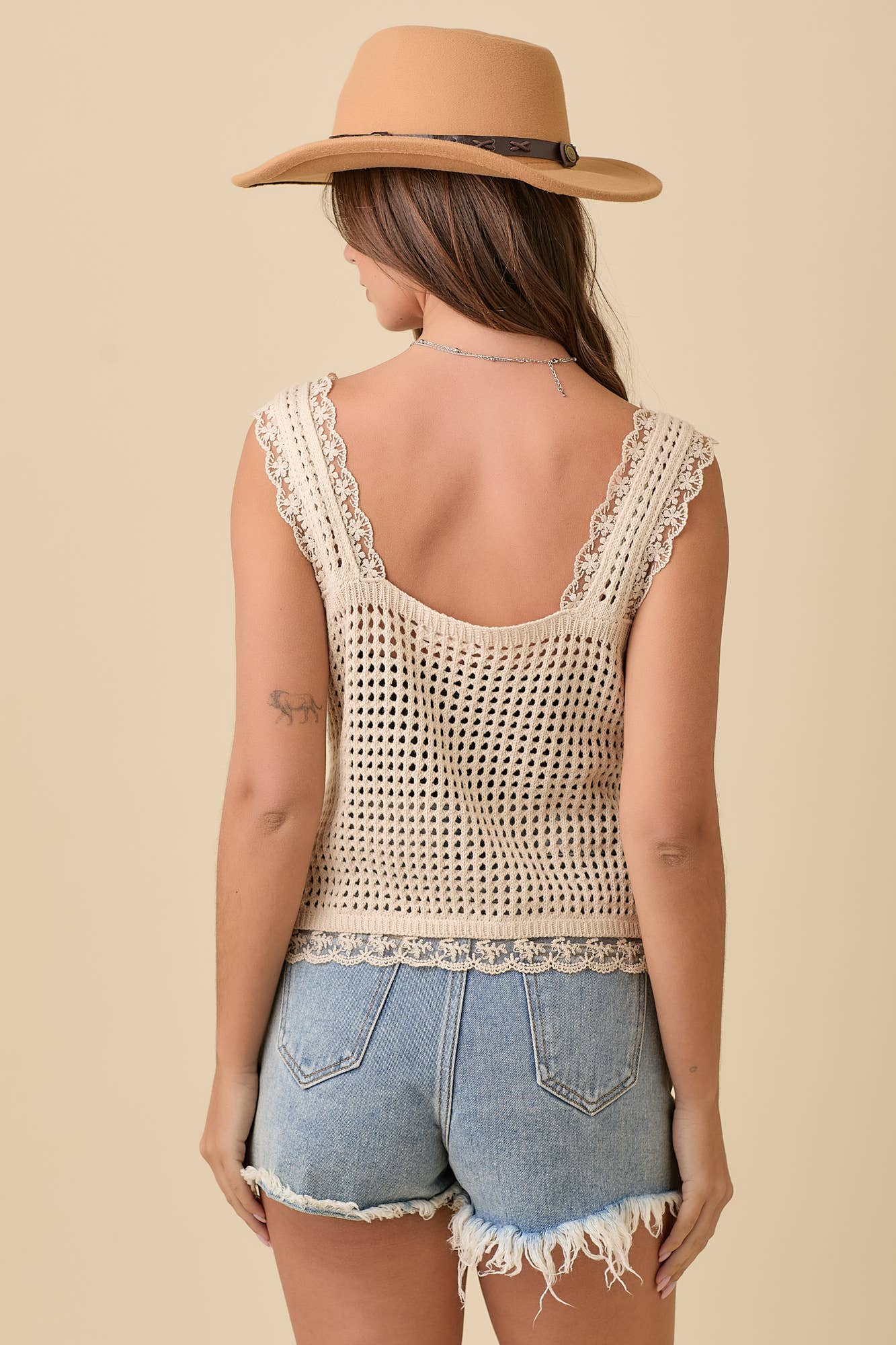 Crochet Vest Top With Front Tie Straps And Lace