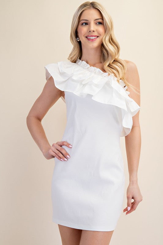 White Ruffle Trimmed One Shoulder Dress