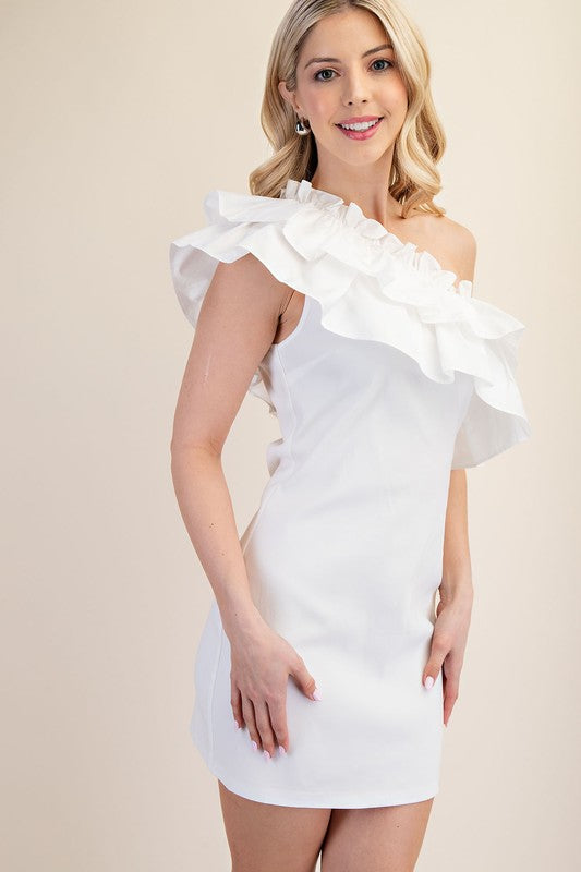 White Ruffle Trimmed One Shoulder Dress