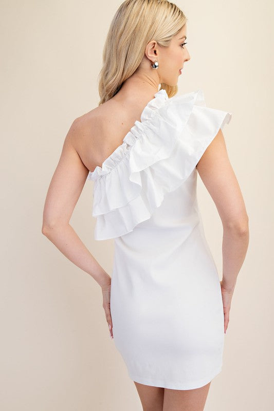 White Ruffle Trimmed One Shoulder Dress