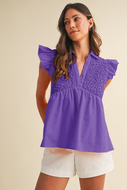 Purple Smocked V neck Game Day Top