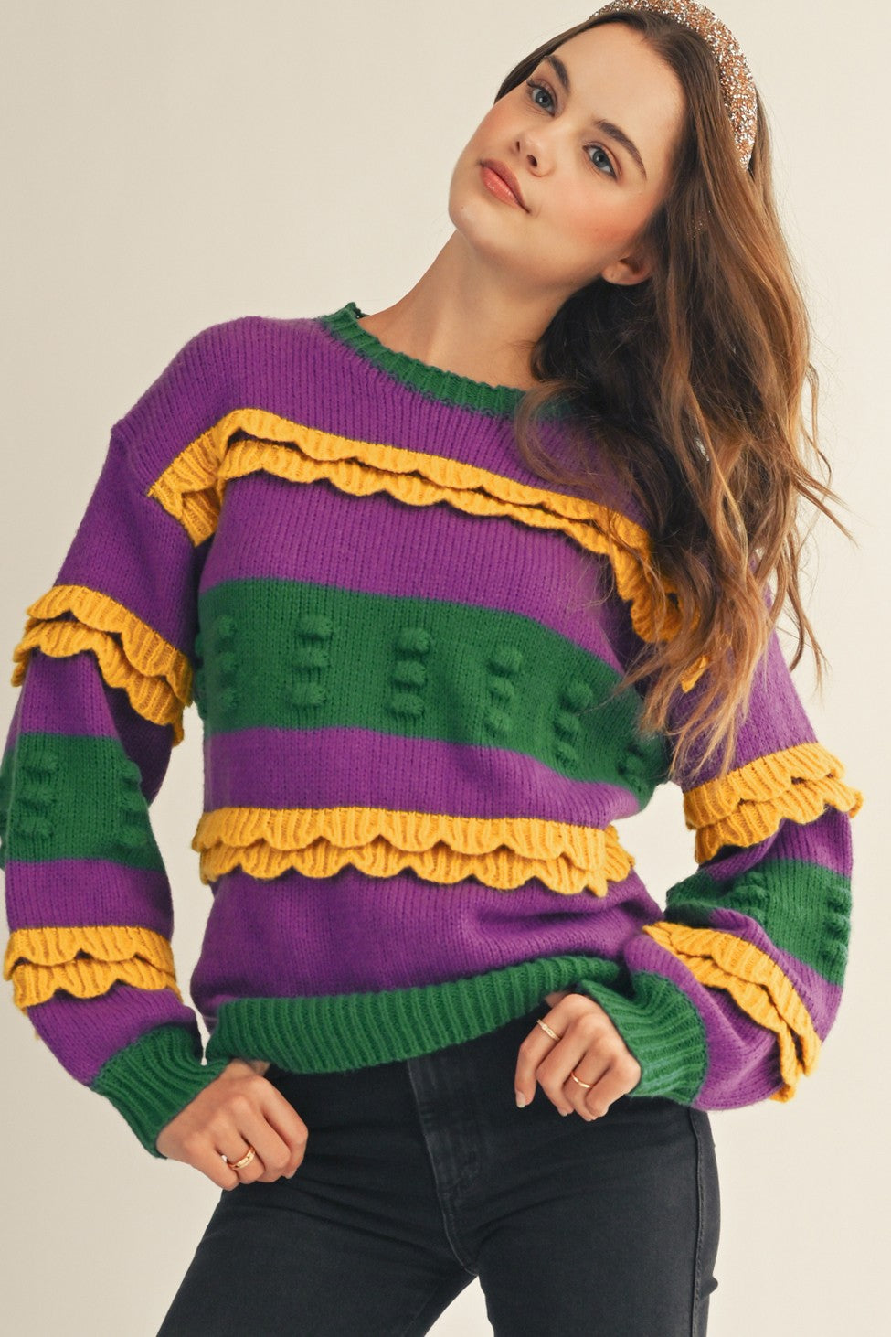 Mardi Gras Ruffled Soft Sweater