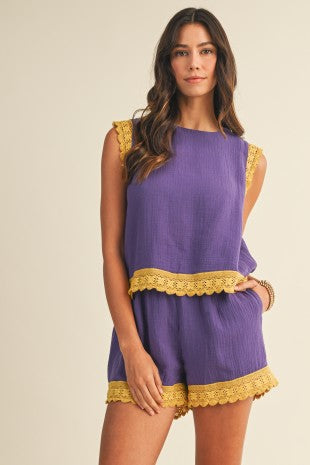 LACE TRIMMED TANK TOP SHORTS SET