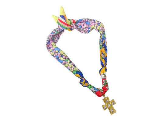 Scarf Charm Necklace - Blue Floral w/ Large Rhinestone Cross