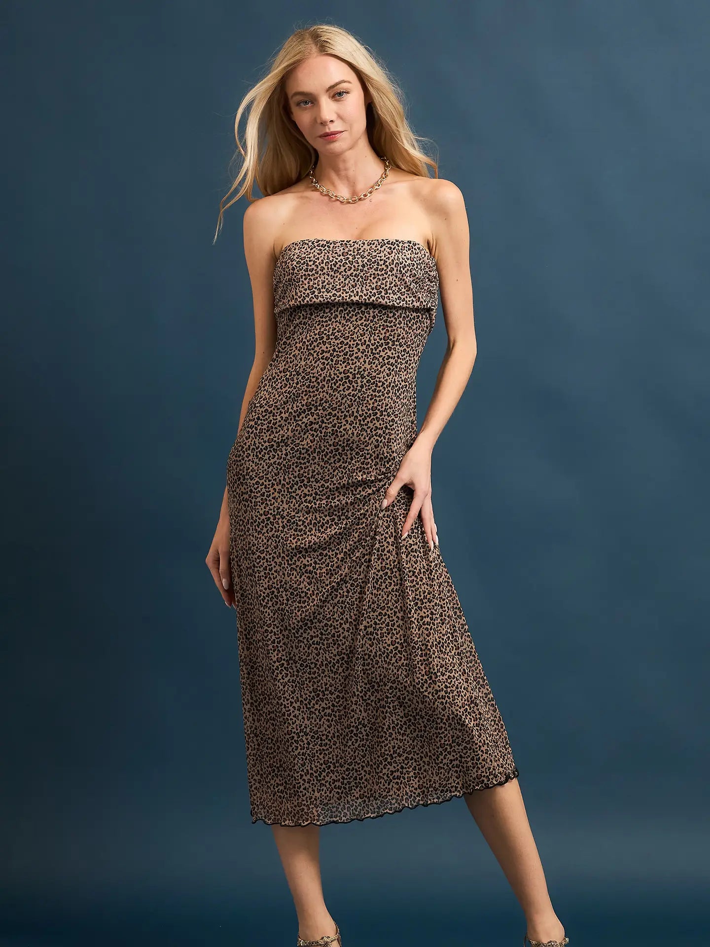 Ashley Leopard Print Mesh Tube Midi Dress