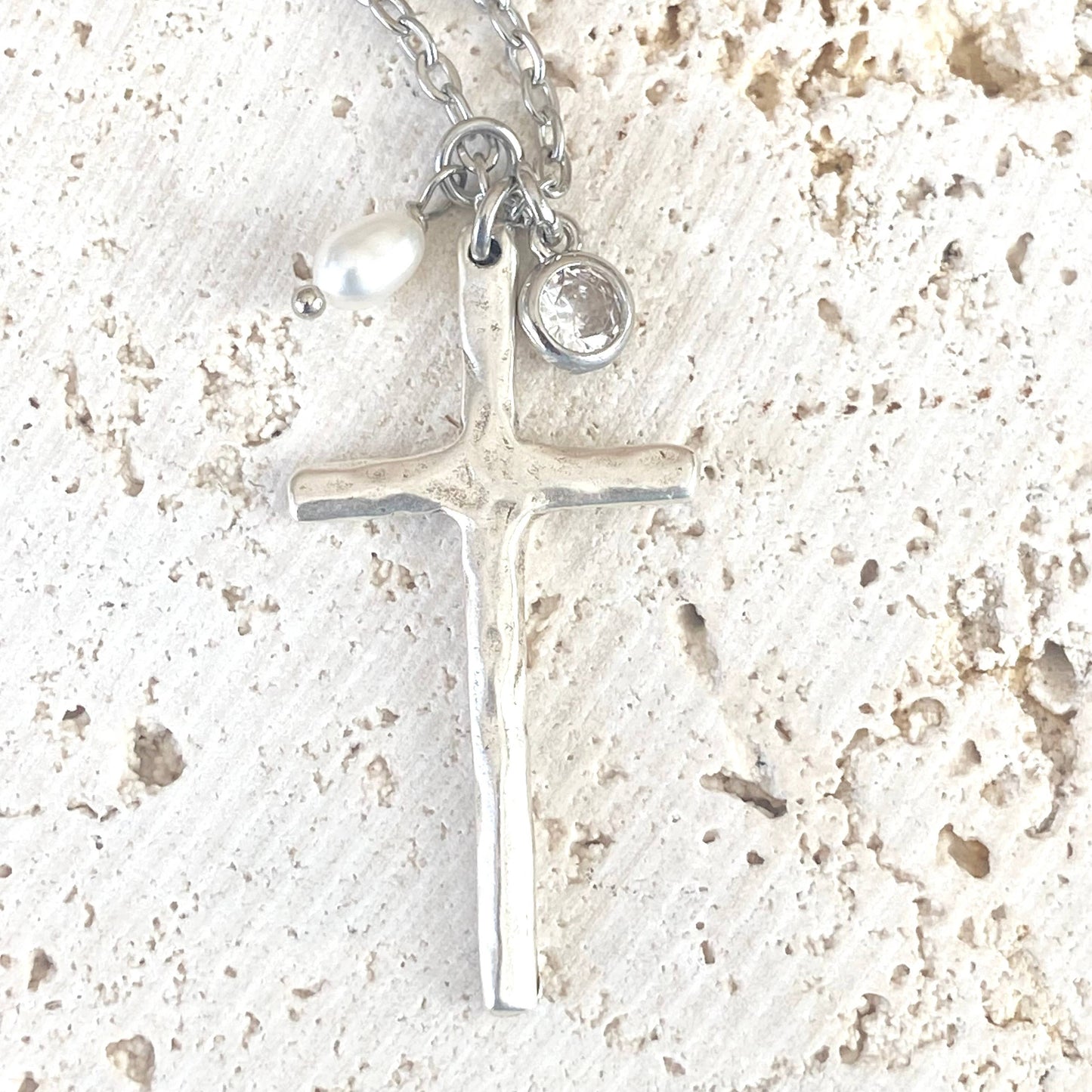 Cross necklace religious jewelry rustic pearl non tarnishing