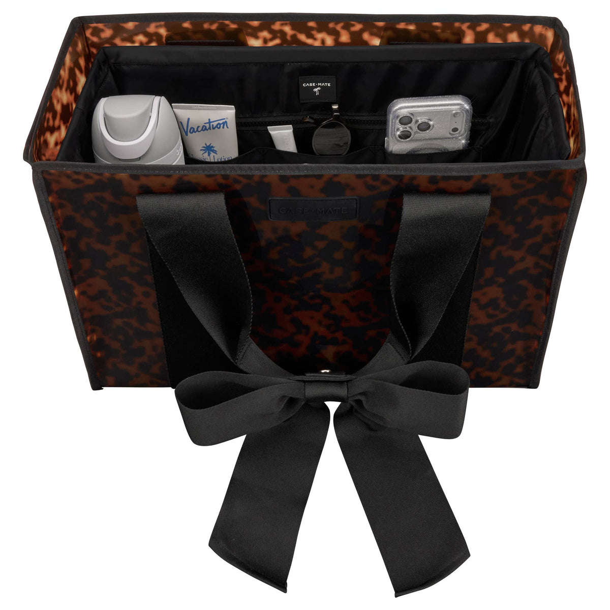 Black tote organizer inside a tortoiseshell bow jelly tote