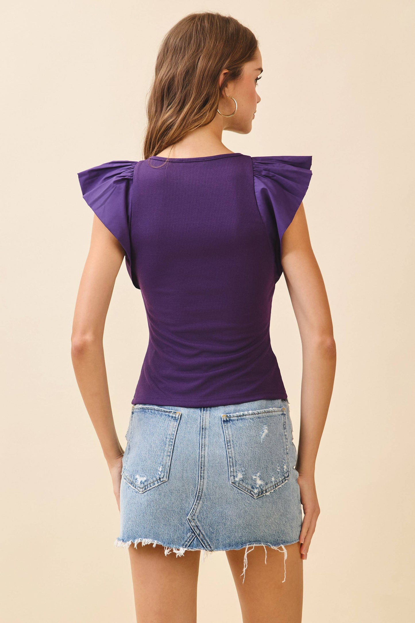 Purple Contrast Ruffle Shoulders Sleeveless Knit Top