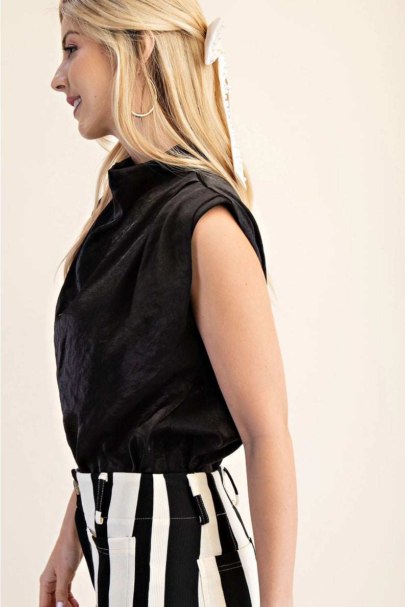Black Cowl Neck Pleated Sleeveless Top