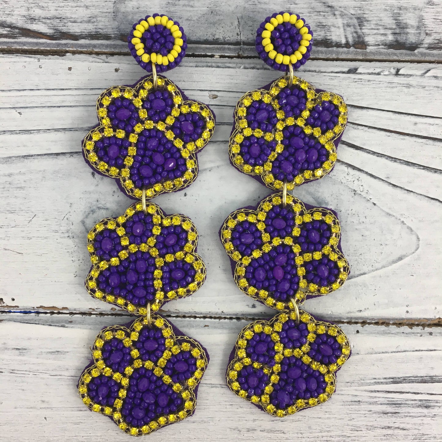 Purple and gold 3 tier paw print earrings