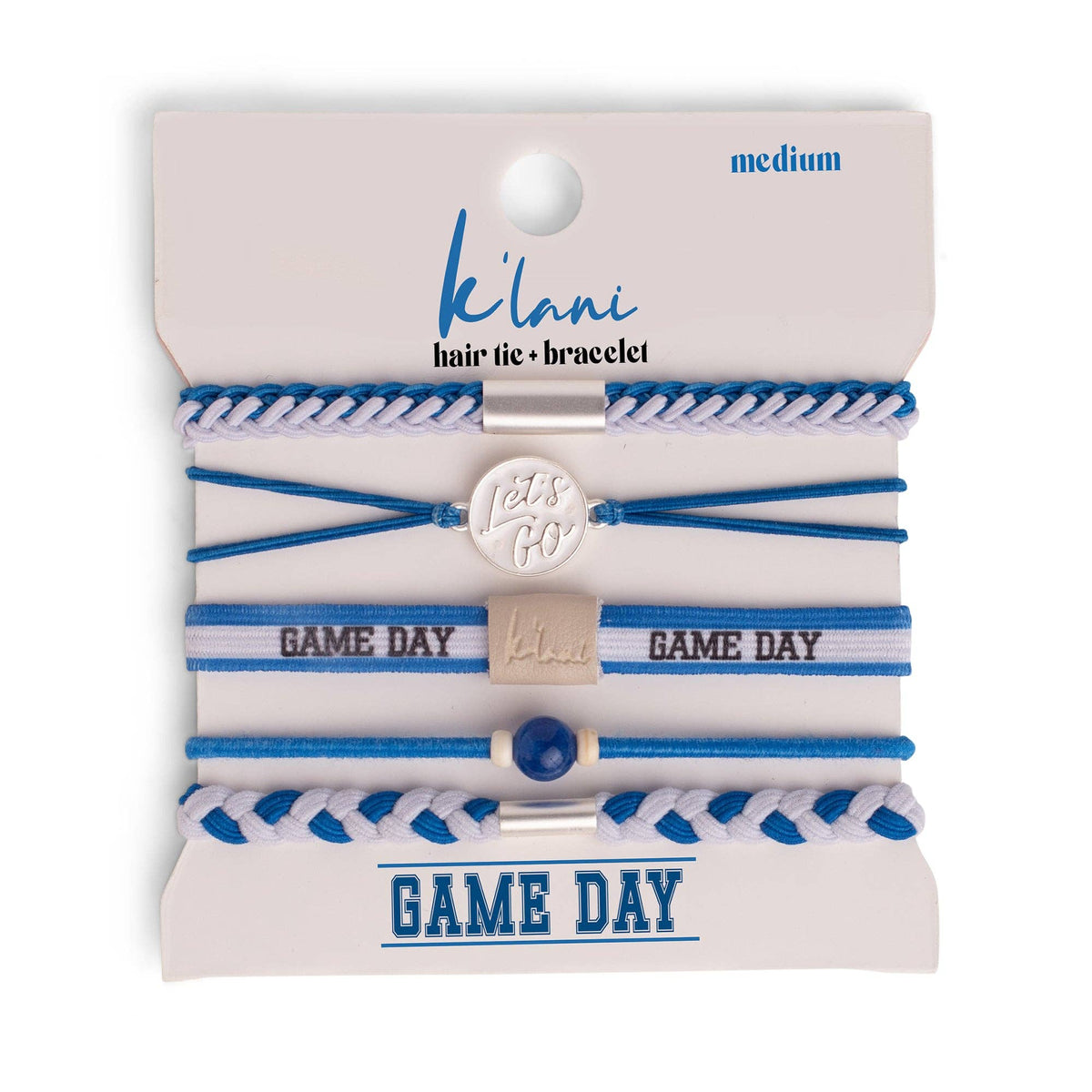 Set of blue and white hair tie and bracelet with 'Game Day' text on a white background