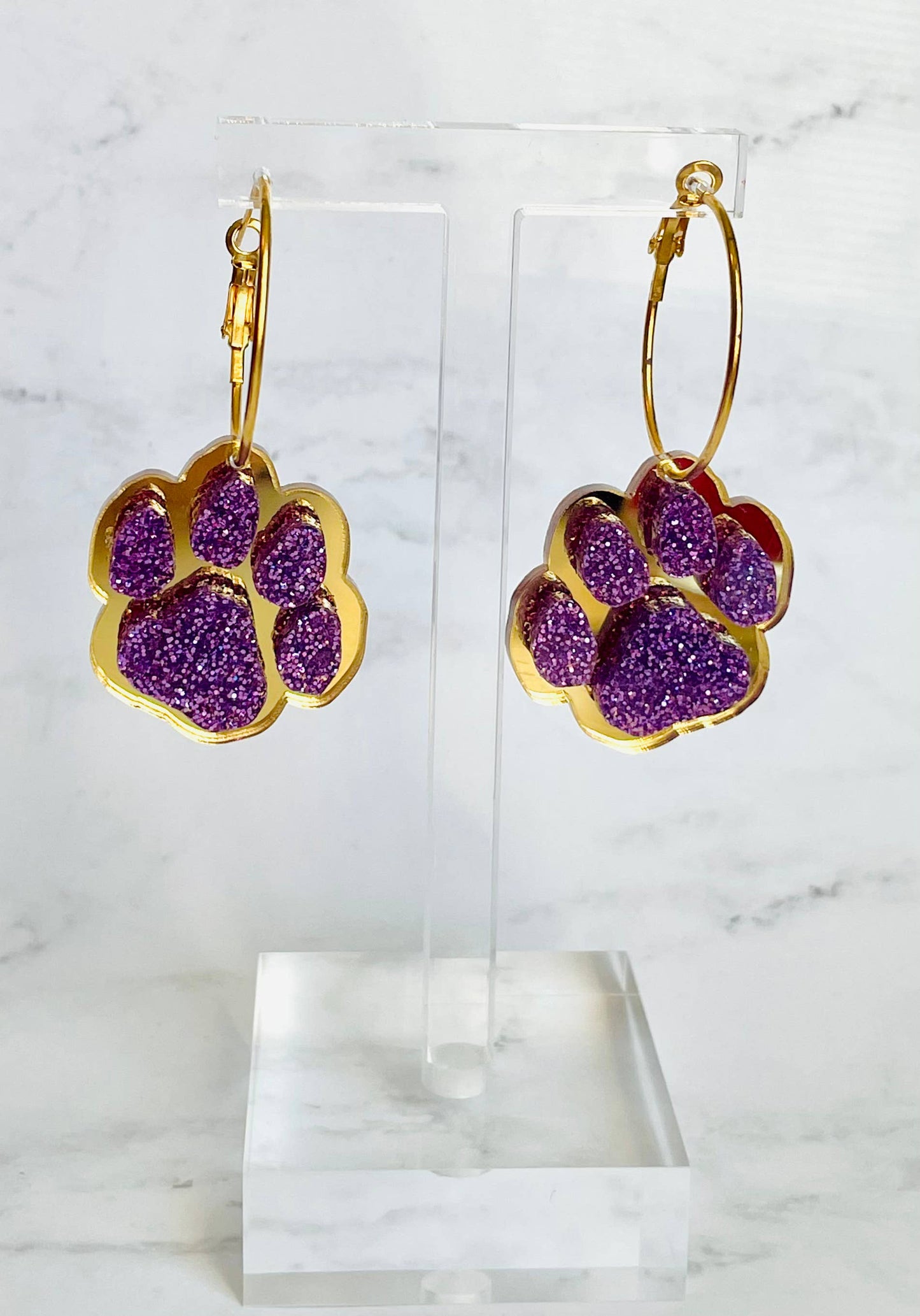 Purple & Gold Football Sports Paw Hoop Earrings