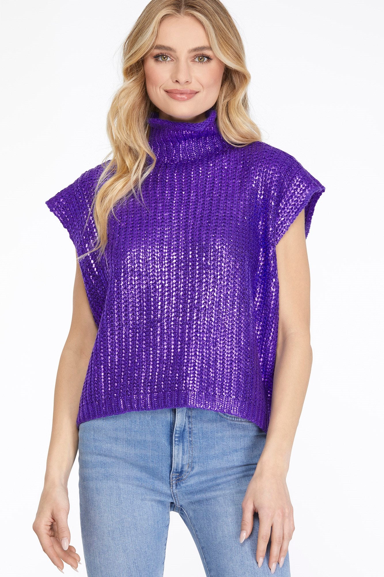Purple Metallic Sleeveless Mock Neck Sweater