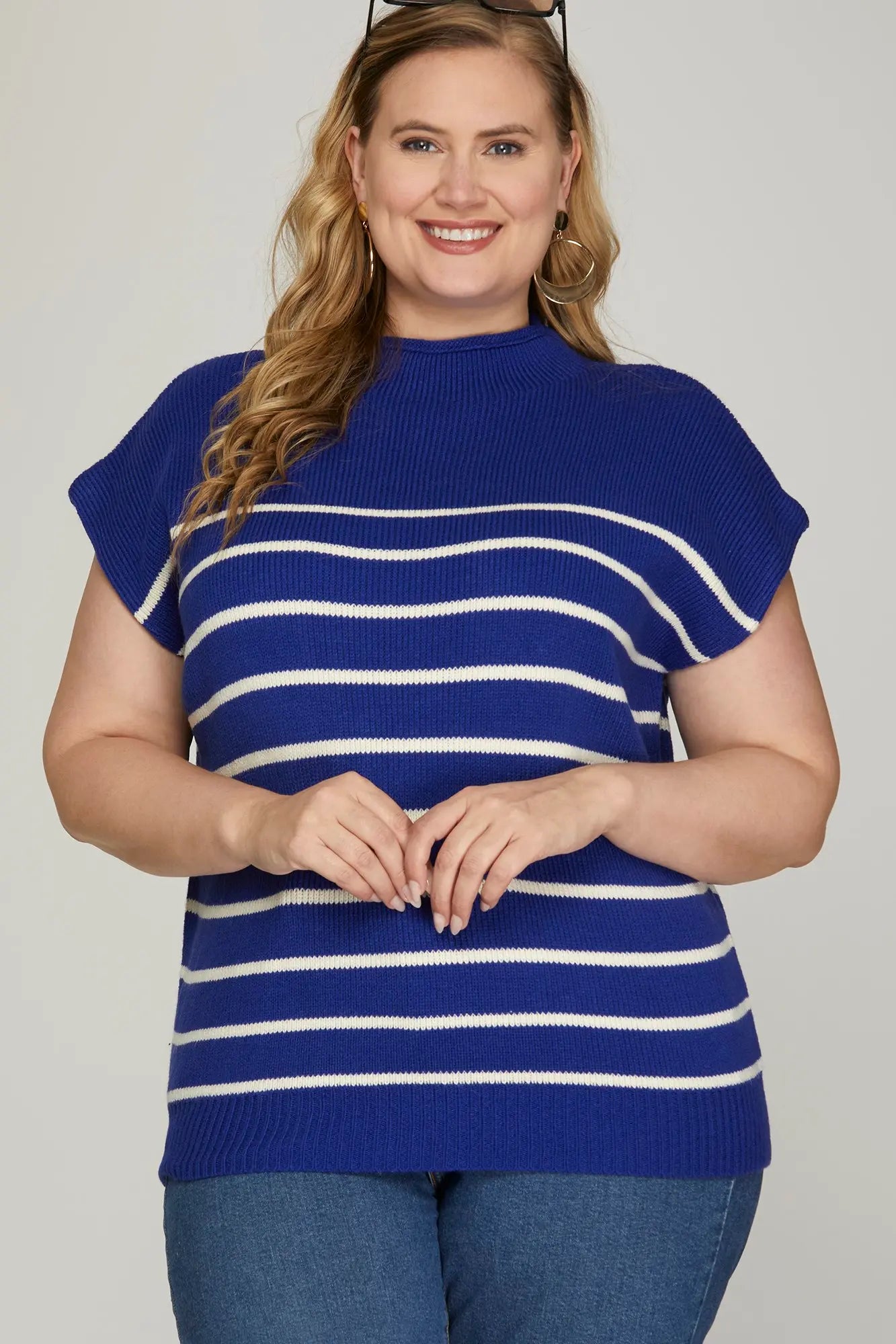 Royal Blue Striped Mock Sweater - the Curvy