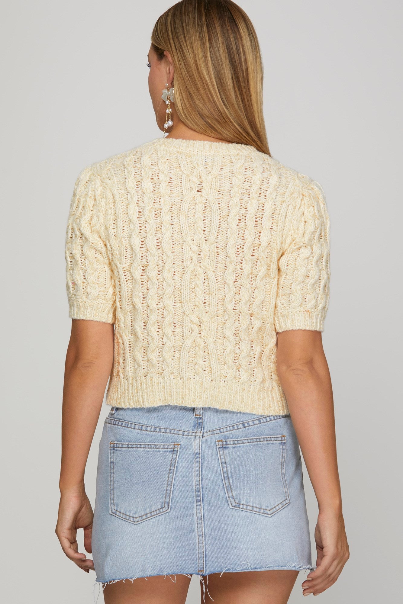 Cream Short Sleeve Cable Knit Sweater