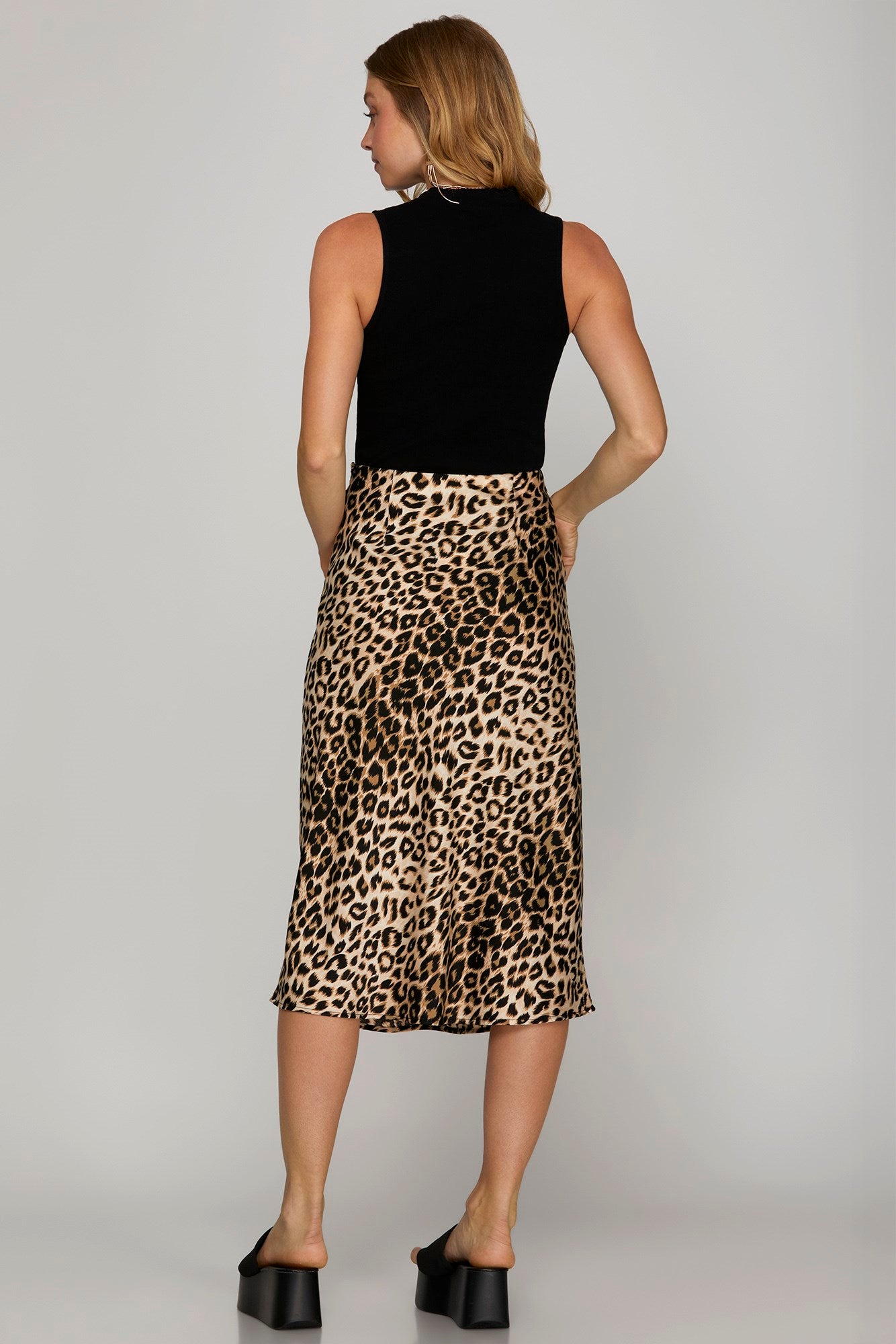 Satin Leopard A Line Midi Skirt
