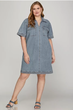 Denim Drop Shoulder Collared Dress - Curvy Sizes