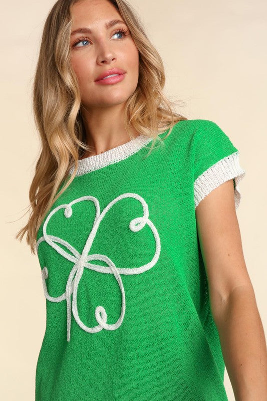 Clover Embroidery Dolman Sweater Knit Top