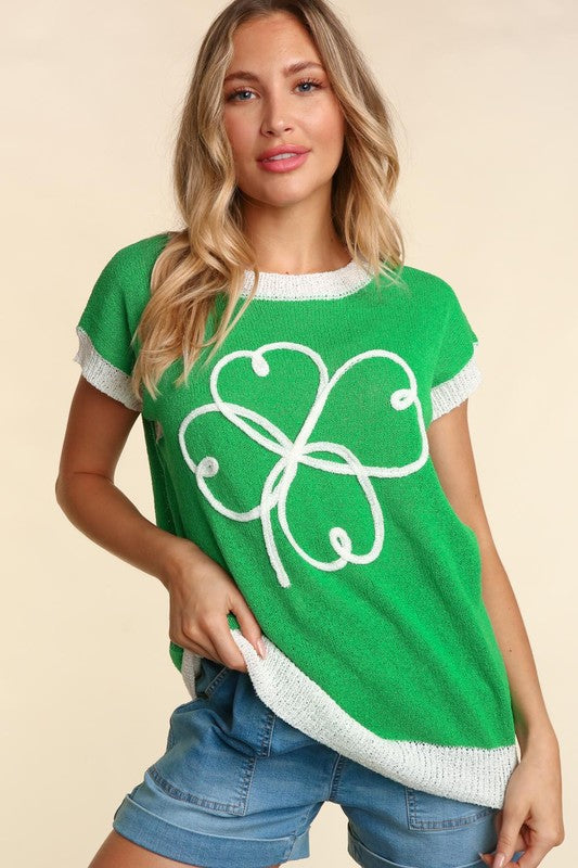Clover Embroidery Dolman Sweater Knit Top