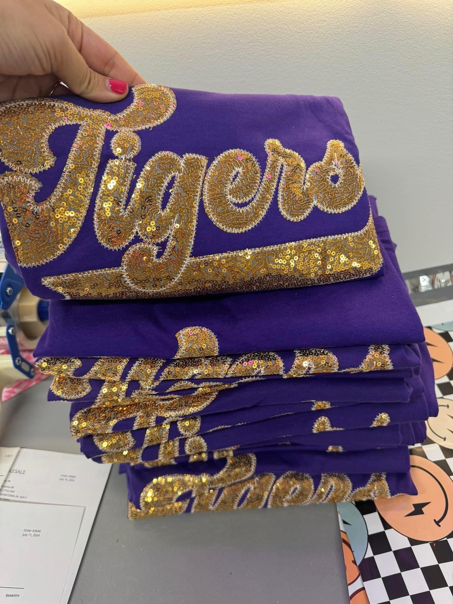 Tigers gold sequin varsity Flag Tshirt